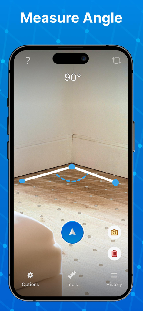 Augmented reality tool measuring a 90 degree angle in a room corner