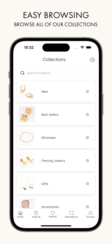 Pantalla de colecciones de la app móvil Lovisa mostrando categorías como Novedades, Más Vendidos y Pulseras con una barra de búsqueda en la parte superior.