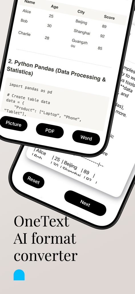 AI Markdown Formatter: OneText - OneText app interface showing Markdown content conversion options for Picture, PDF, and Word.