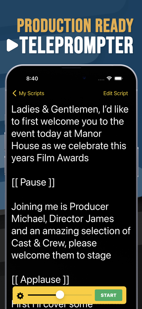 Interface de l'application téléprompteur mobile affichant un script de discours avec des repères de pause et d'applaudissements