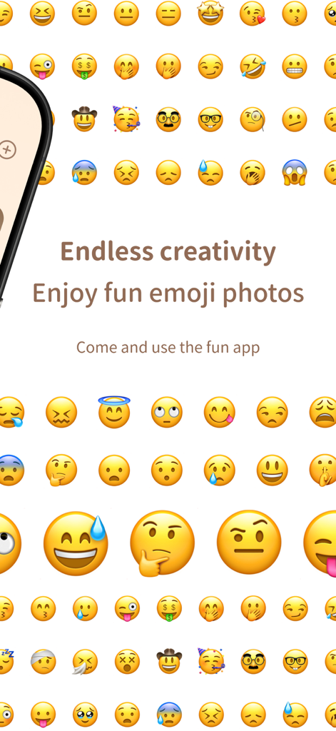 facEmoji -fun photo - Una variedad de emojis de cara amarilla mostrados con el texto Creatividad infinita Disfruta de divertidas fotos con emojis