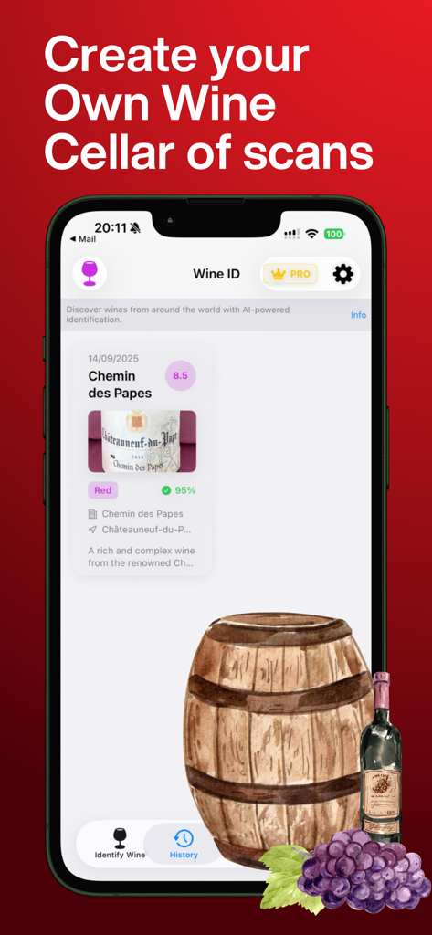 Mobile app screen showing personal wine history and digital cellar with a scanned bottle entry