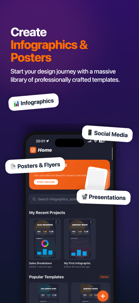 InfoGraphic and Poster Creator - Der Startbildschirm der InfoGraphic and Poster Creator App, der verschiedene Designkategorien zeigt, darunter Infografiken, Social Media, Poster und Präsentationen.