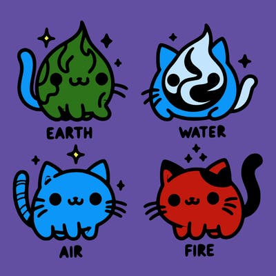 4 cats that represent the different elements, earth, water, air, and fire