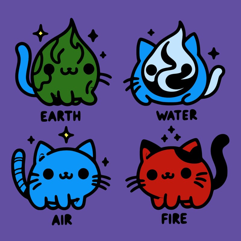 4 cats that represent the different elements, earth, water, air, and fire