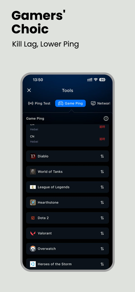 WiFi Speed Tester：NetworkTest - Interface do aplicativo móvel mostrando teste de ping de jogo para jogos online populares como League of Legends e Valorant