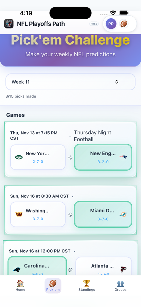 Playoff Path Football - NFL weekly pickem challenge screen for predicting game winners