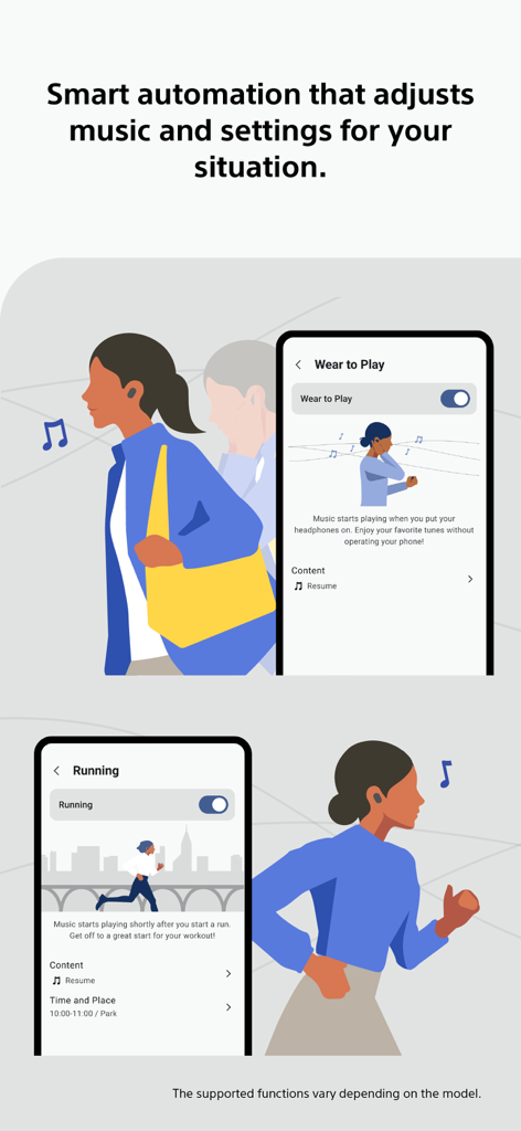 Sony Sound Connect app showing smart automation features for wear to play and running modes