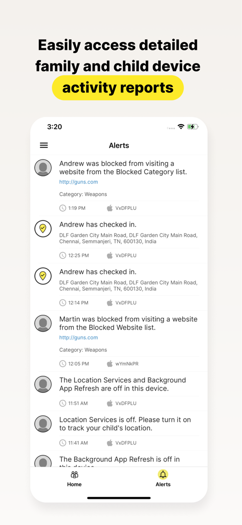 Norton Family app screen displaying detailed activity reports and alerts for child devices