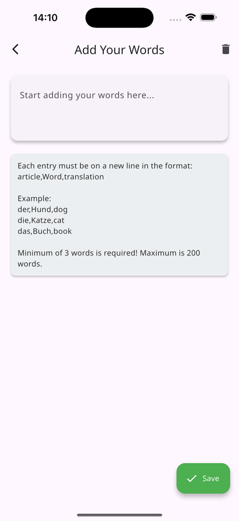 Word Climb - German Articles - Interface for adding custom German vocabulary with articles and translations in the Word Climb app.