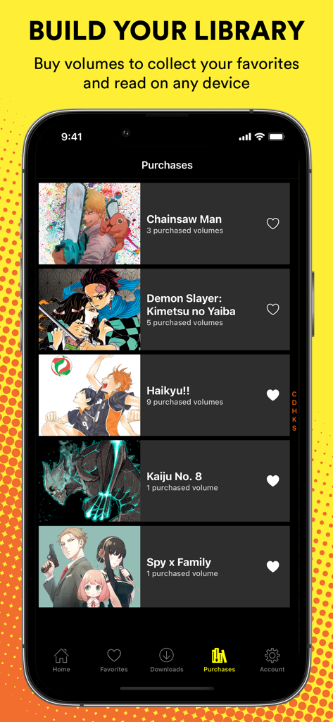Shonen Jump app interface showing a digital manga library with purchased titles like Chainsaw Man and Demon Slayer.