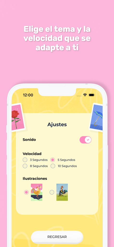 Buenas - Baraja de Loteria - Captura de pantalla de la pantalla de configuración de la app Buenas Loteria mostrando la personalización de la velocidad de sonido y las ilustraciones en español