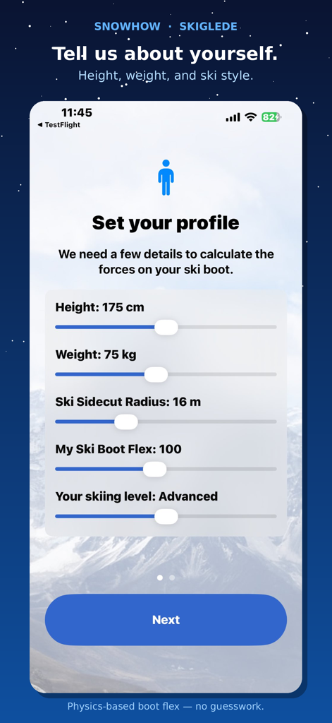 Skiglede: Ski Boot Flex Finder - Profilseite der Skiglede-App mit Schiebereglern für Größe, Gewicht und Fahrniveau zur Berechnung des Skischuh-Flex.