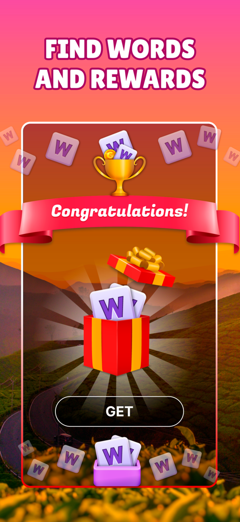 Word Maker - Puzzle Game - Pantalla de recompensas del juego de puzles Word Maker mostrando un trofeo y una caja de regalo con fichas de palabras