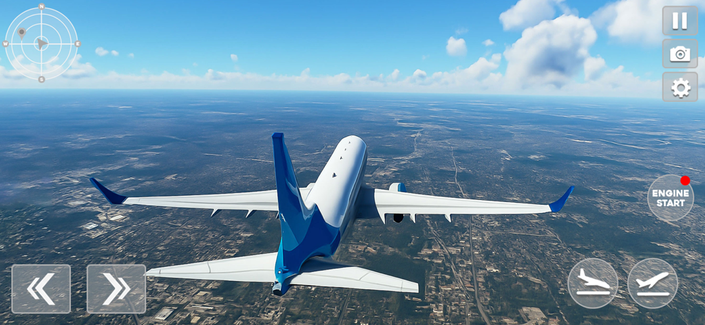 City Plane Flight Sim Games 3D - A white and blue airplane flying over a city landscape in a 3D flight simulation game