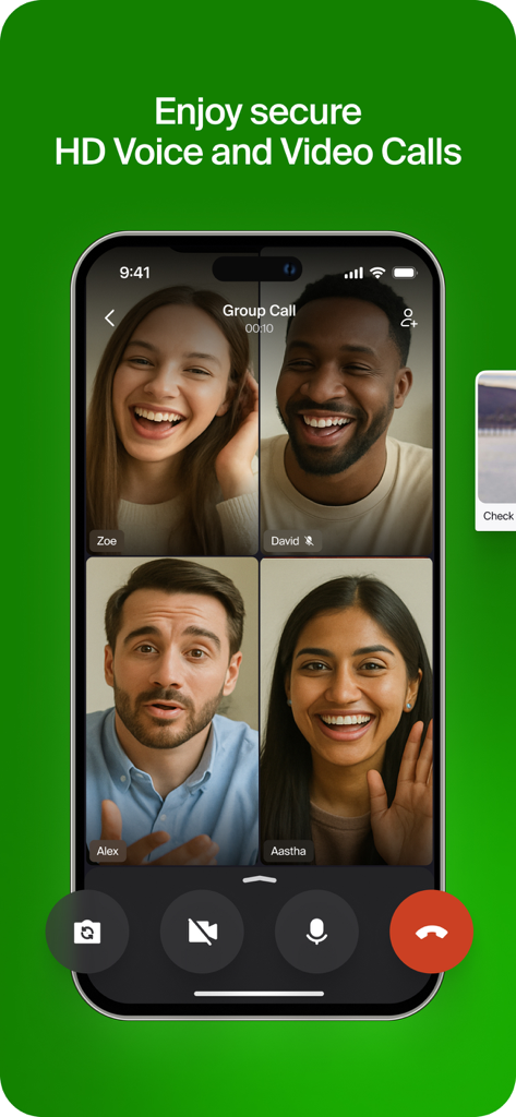 Interface of GoChat Messenger showing a group video call with four participants and the text enjoy secure HD voice and video calls