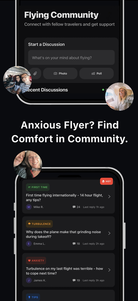 MyPilot: Turbulence Forecast - La pantalla del Foro de la Comunidad de Vuelo de MyPilot con tablones de discusión para la ansiedad en vuelos y consejos de viaje