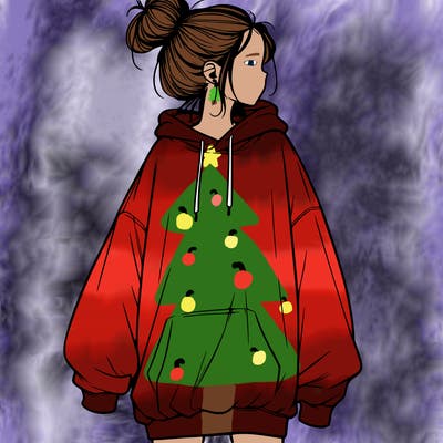 realistic girl with a oversized sweatshirt on and a bun