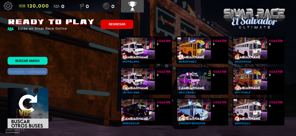 Sivar Race Ultimate - A menu screen in Sivar Race Ultimate showing a grid of various customized colorful buses for online multiplayer racing.