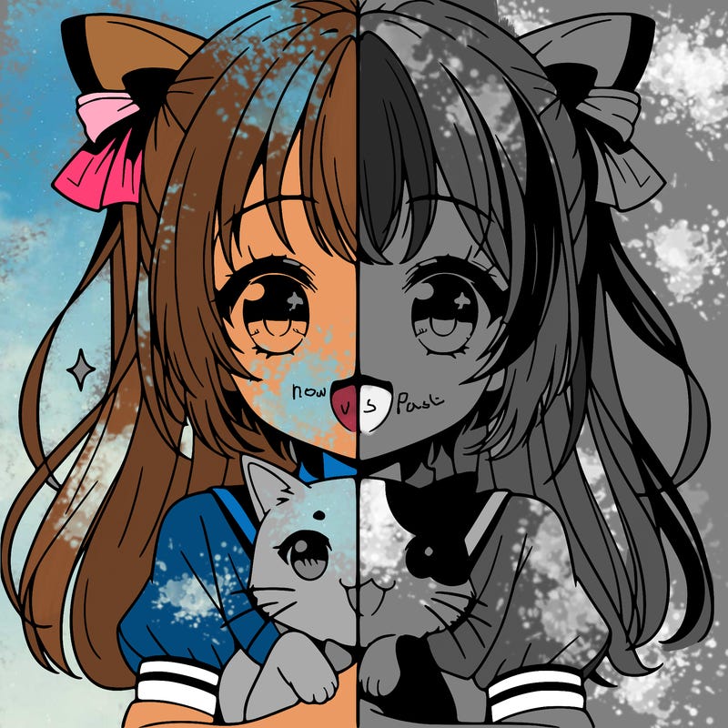 anime girl with a cute cat in her hand and it is a split