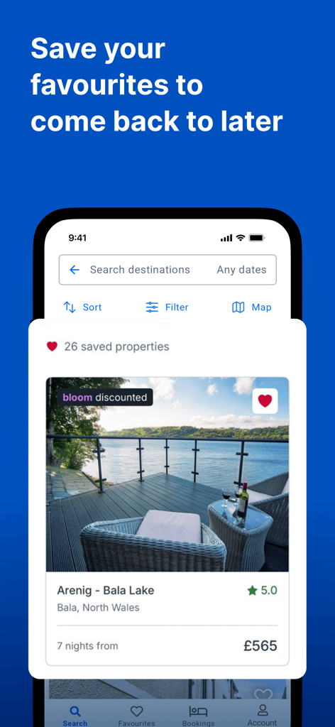 Sykes: Book Holidays You Love - A mobile app screen showing a list of saved favorite holiday properties with a spotlight on a lakefront cottage in North Wales