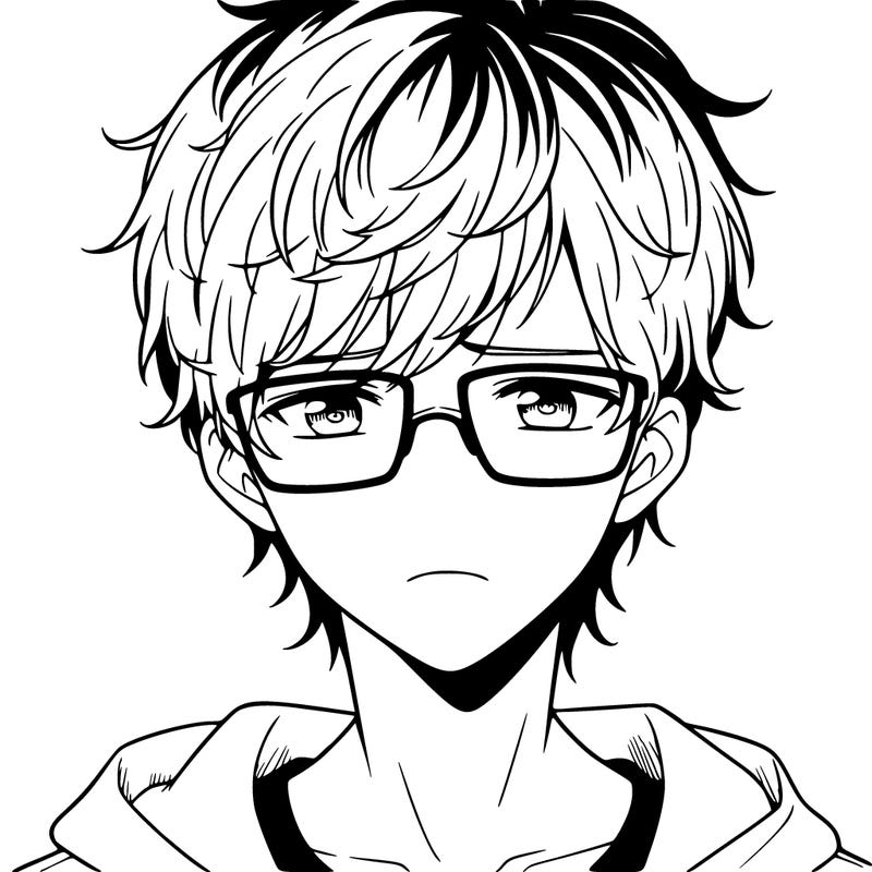 a sad teen boy with glasses anime