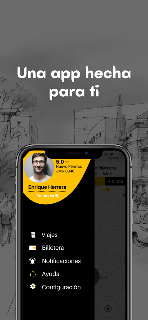 Eiby Taxista - Un smartphone mostrando la app Eiby Taxista, el perfil del conductor y opciones de menú en español.