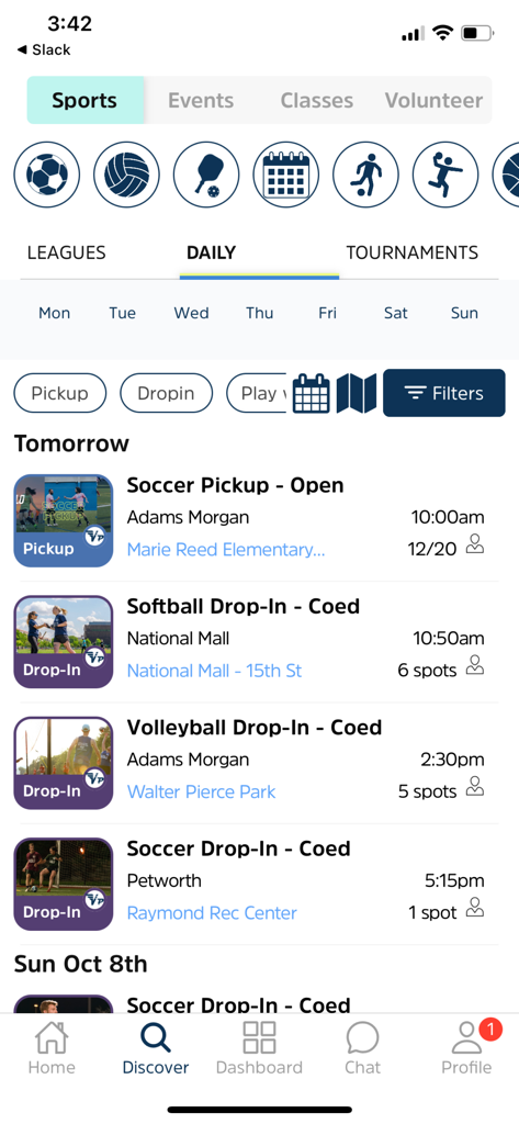 The Discover screen of the Volo Sports app showing a list of daily pickup soccer and softball games in urban locations