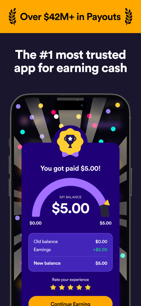 Survey Spin: Get paid cash! - Pantalla de la aplicación Survey Spin que muestra 42 millones de dólares en pagos totales y un saldo de efectivo de 5 dólares