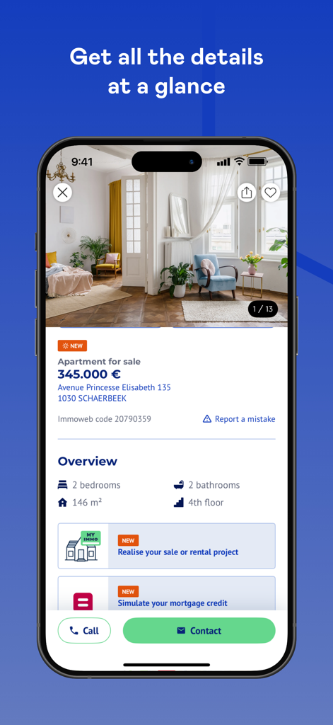 A detailed property listing view on the Immoweb app showing price location and apartment features