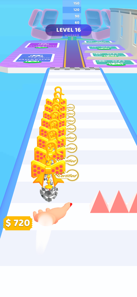 Gem Stack - A hand carrying a stack of heart shaped diamond jewelry in Gem Stack mobile game.