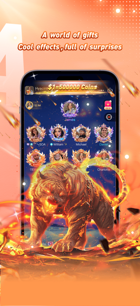 Aoda - Aoda App Sprachchat-Oberfläche mit einem feurigen Tiger-Geschenke-Effekt und Profilabzeichen des Benutzers