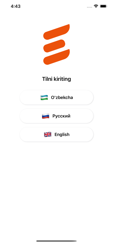 Edu Tizim Student - The language selection screen of the Edu Tizim Student app featuring options for Uzbek, Russian, and English.