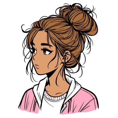 realistic teenage girl with a messy bun