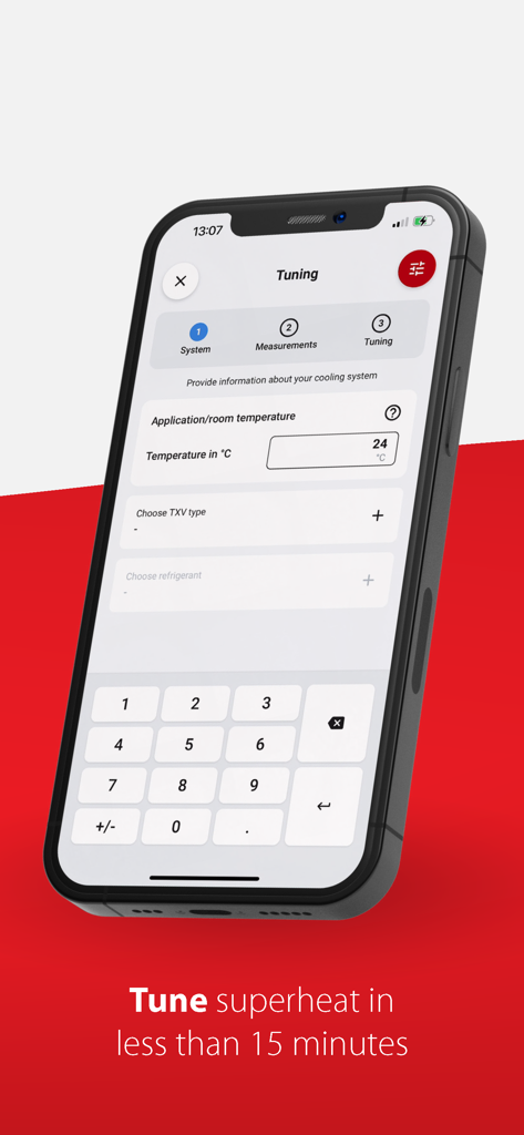 Smartphone screen displaying the TXV Superheat Tuner feature in the Danfoss Ref Tools app for HVACR technicians.