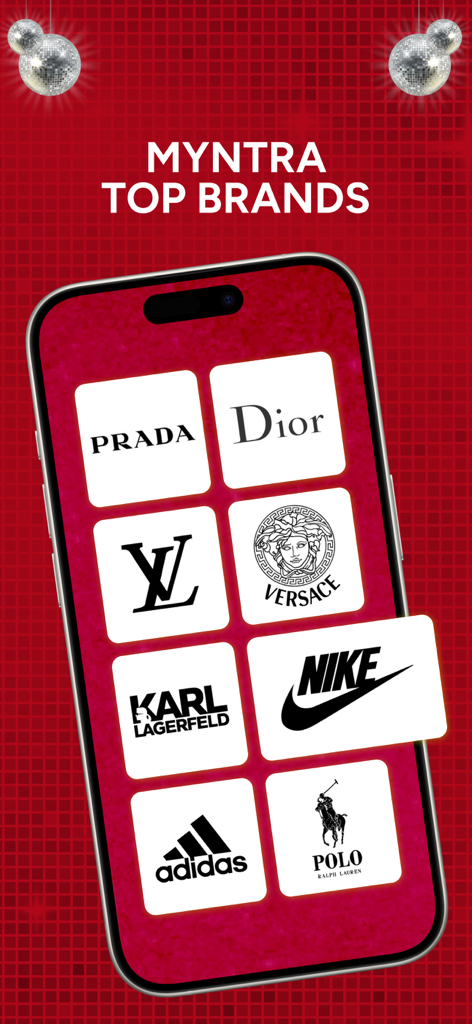 Myntra - Fashion Shopping App - Un smartphone que muestra las mejores marcas de Myntra como Prada, Dior, Versace, Nike y Adidas sobre un fondo rojo.