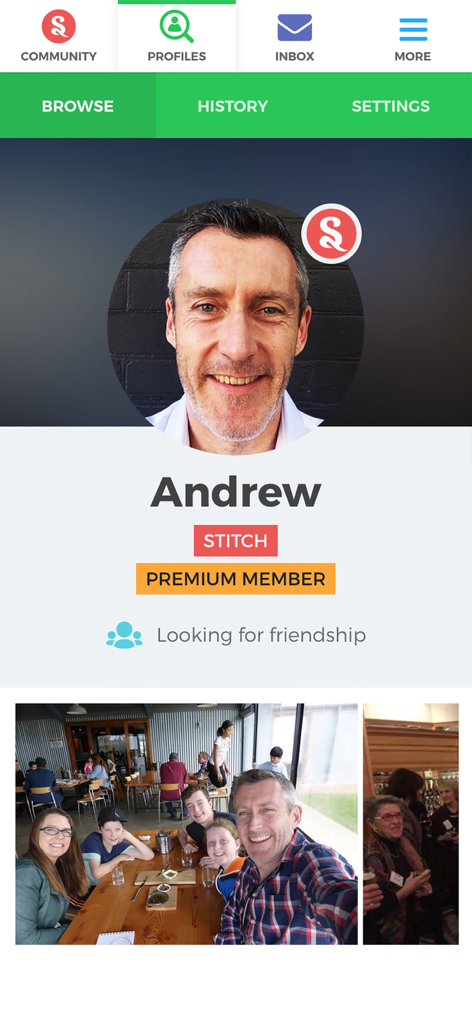 User profile of a man named Andrew on the Stitch app looking for friendship