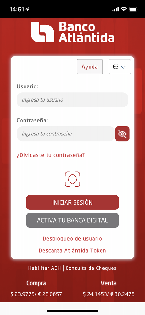 Atlántida Móvil - Login screen of the Atlantida Movil mobile banking app with fields for username and password