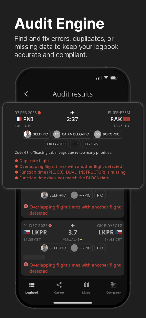 Audit Engine interface in FLYLOG app showing flight log error detection and compliance results