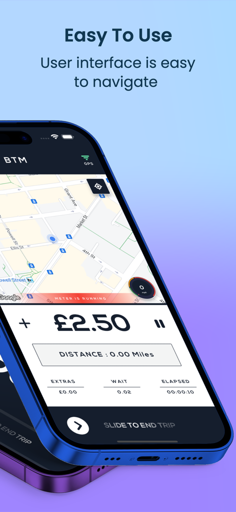 iPhone displaying the Best Taxi Meter app interface with a running fare and map navigation
