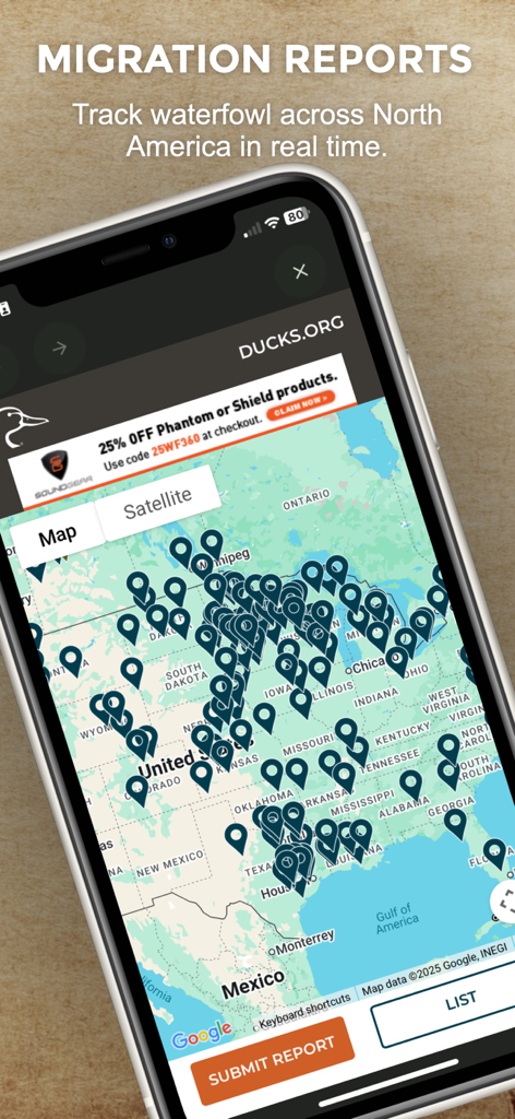Ducks Unlimited app displaying real-time waterfowl migration reports on a map of North America