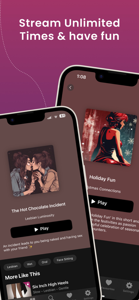 Two mobile screens displaying spicy audio stories and streaming features from the Erotica sexual wellness app.