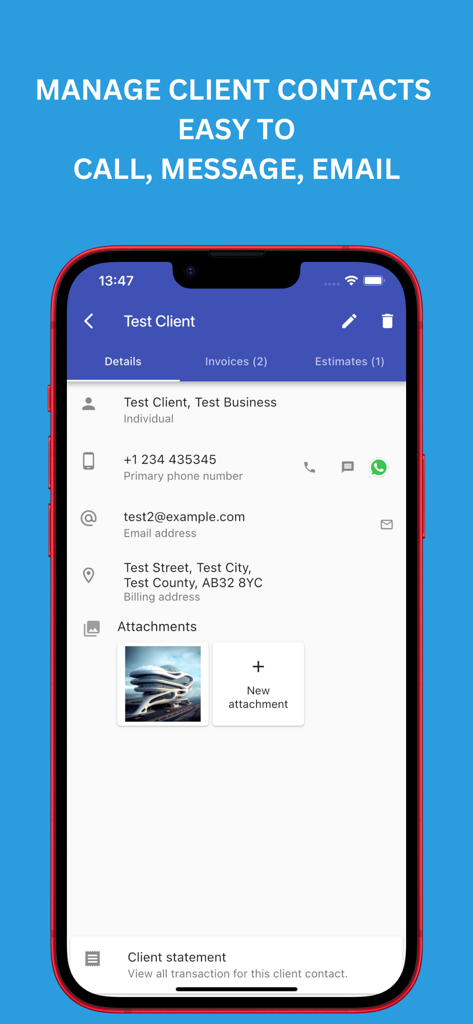 Interface of Invoice Simple app displaying client contact information and communication options