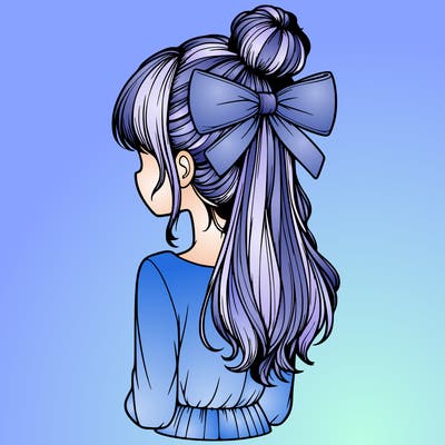realistic girl  with hip length hair a bun and a big bow on the back of head