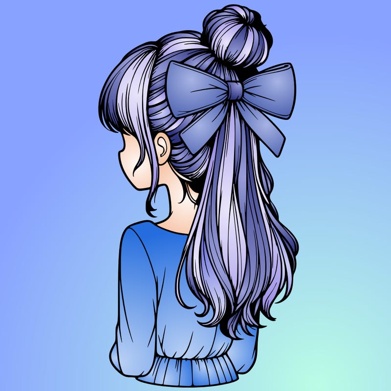 realistic girl  with hip length hair a bun and a big bow on the back of head