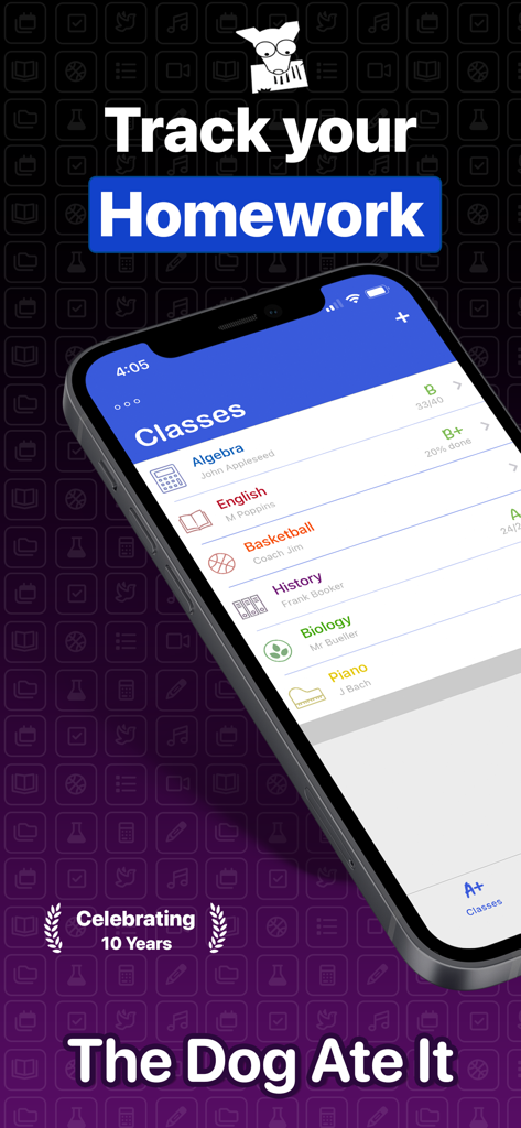 iPhone-Bildschirm mit der Studentenplaner Dog Ate It App, die eine Liste farblich gekennzeichneter Schulkurse und aktueller Noten anzeigt