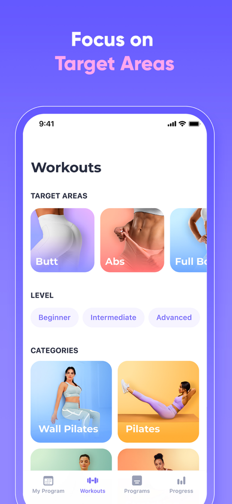 FitMe app interface displaying workout levels and categories including Wall Pilates