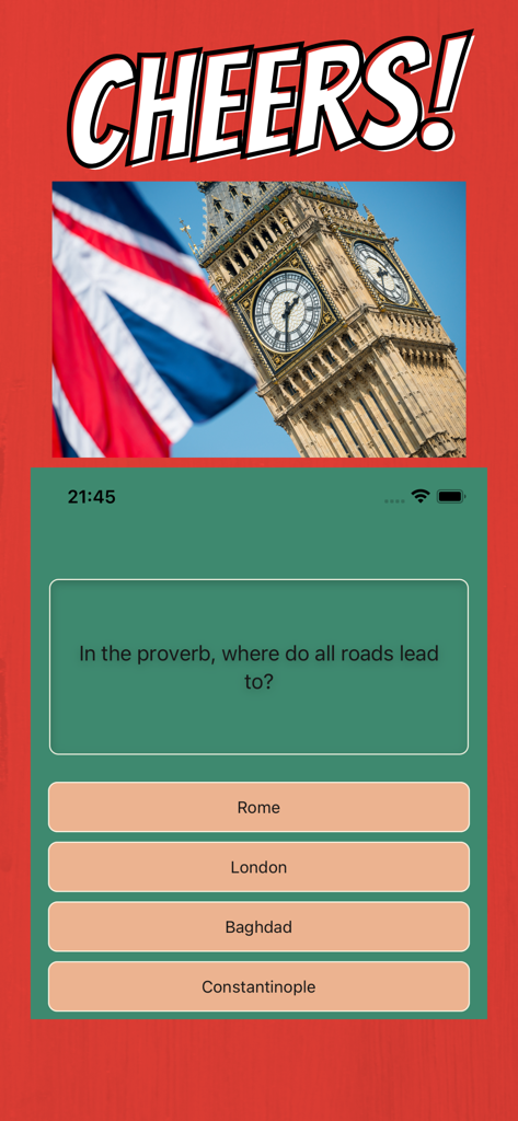 Hayo: Trivia Games & Quiz - Interface of Hayo Trivia app showing a multiple-choice question about where all roads lead to with an image of Big Ben.