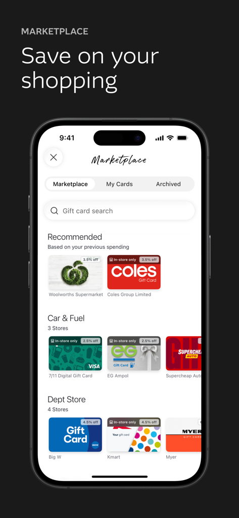 Macquarie Mobile Banking - 다양한 소매업체의 할인된 eGift 카드를 보여주는 Macquarie Mobile Banking 앱의 마켓플레이스 화면