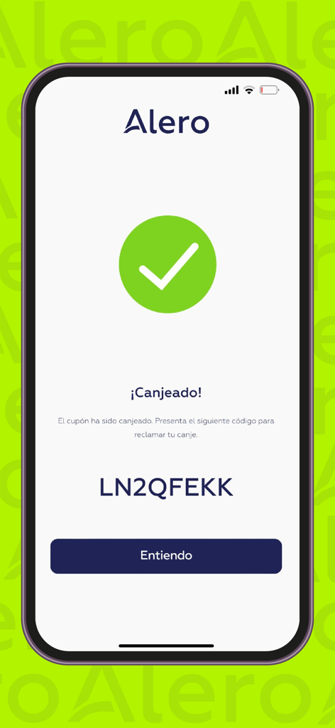 Écran de confirmation de l'application Alero montrant un échange de coupon réussi avec une coche verte et un code alphanumérique unique